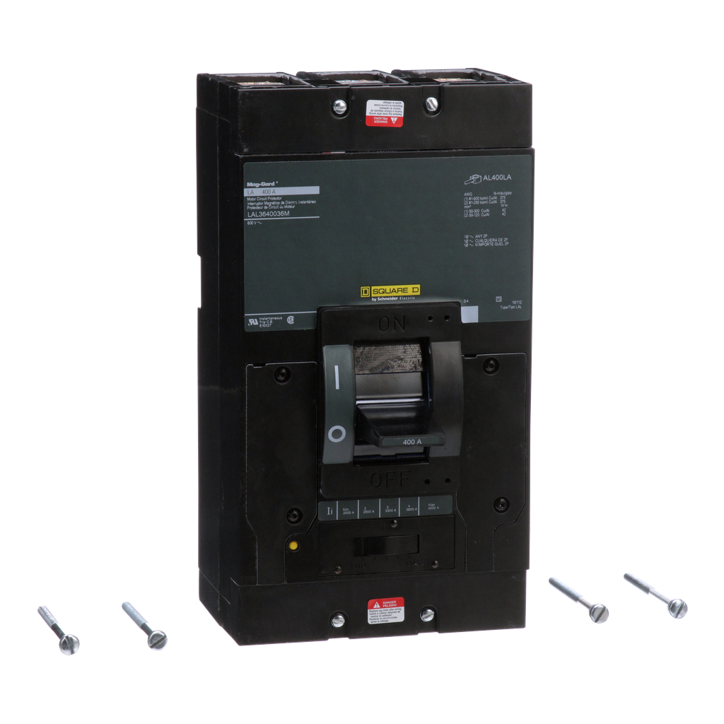 LAL3640036M – Motor circuit protector, LA, 400A, 3 pole, 600VAC, 22kA, 250VDC, 10kA, lugs, magnetic