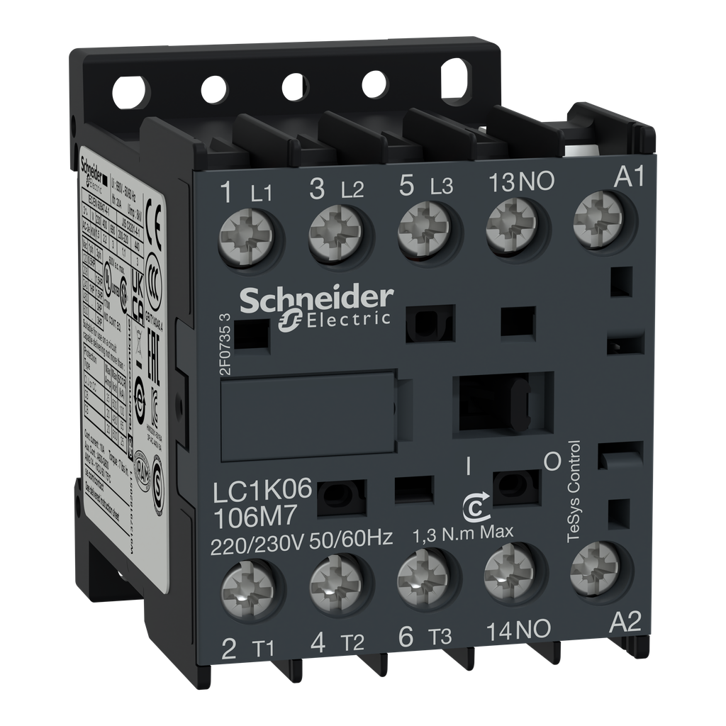LC1K16106M7 – Contactor, TeSys K, 3P, AC-3, lt or eq to 440V 16A, 1 NO aux., 220 to 230VAC coil