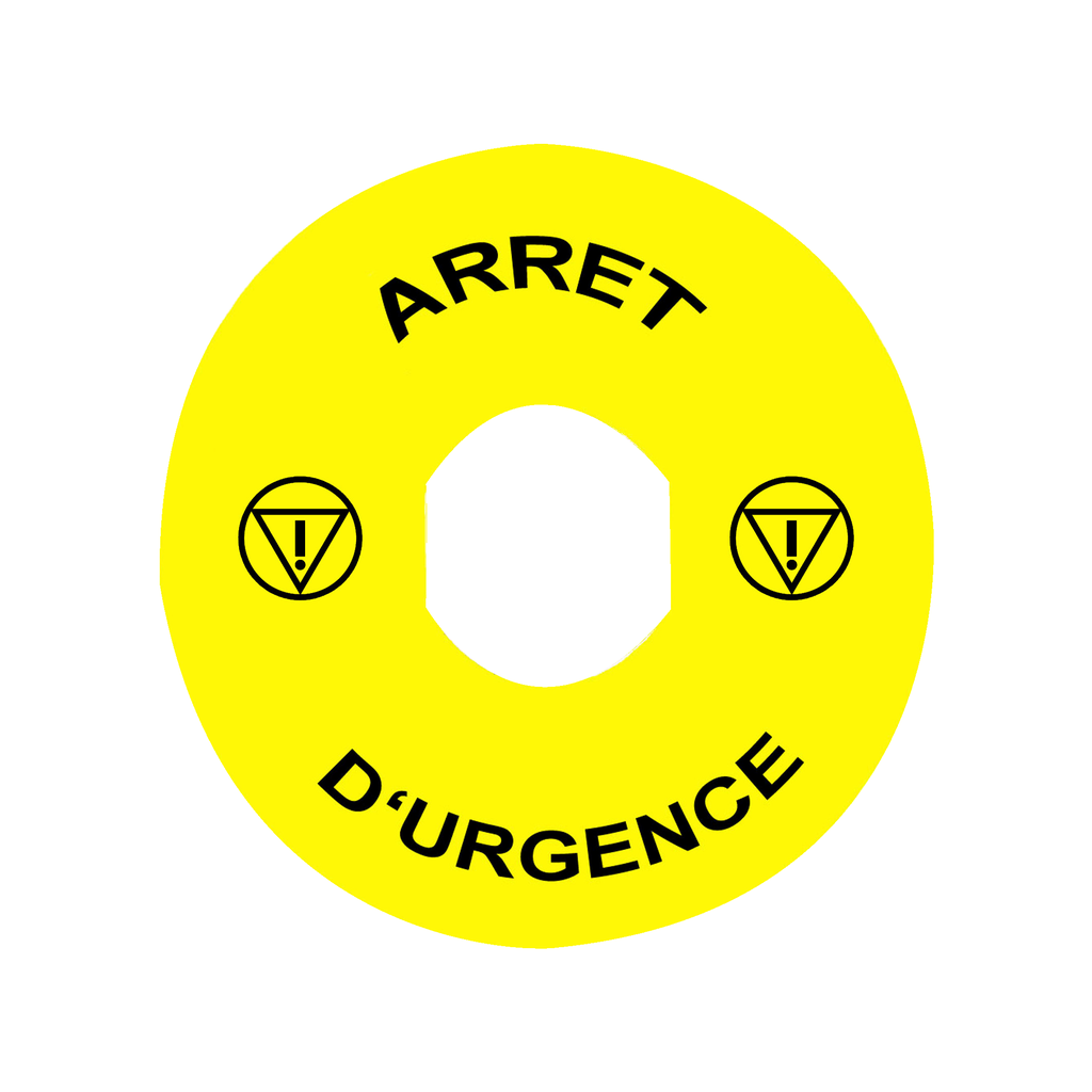 ZBY8130 – Marked legend, Harmony XB4, plastic, yellow, 90mm, for emergency stop, marked ARRET D’URGENCE with logo ISO13850