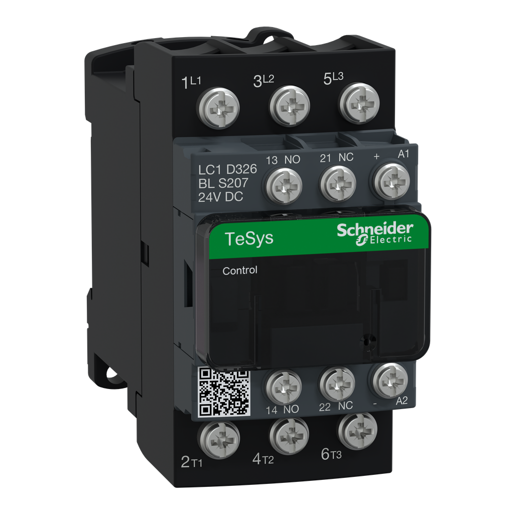 LC1D326BLS207 – IEC contactor, TeSys D, nonreversing, 32A, 20HP at 480VAC, 3 phase, 3 pole, 3 NO, low consumption 24VDC coil, open style