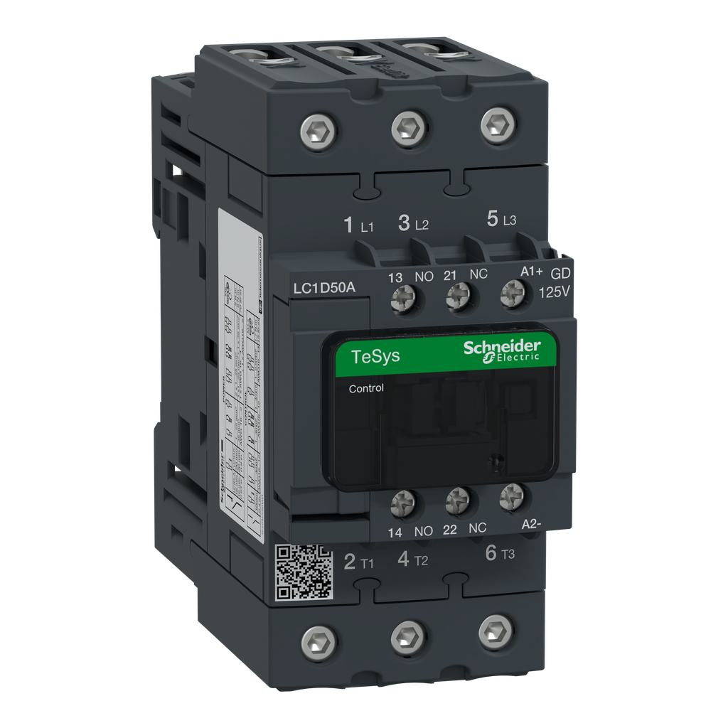 LC1D50AGD – IEC contactor, TeSys Deca, nonreversing, 50A, 40HP at 480VAC, up to 100kA SCCR, 3 phase, 3 NO, 125VDC coil, open style