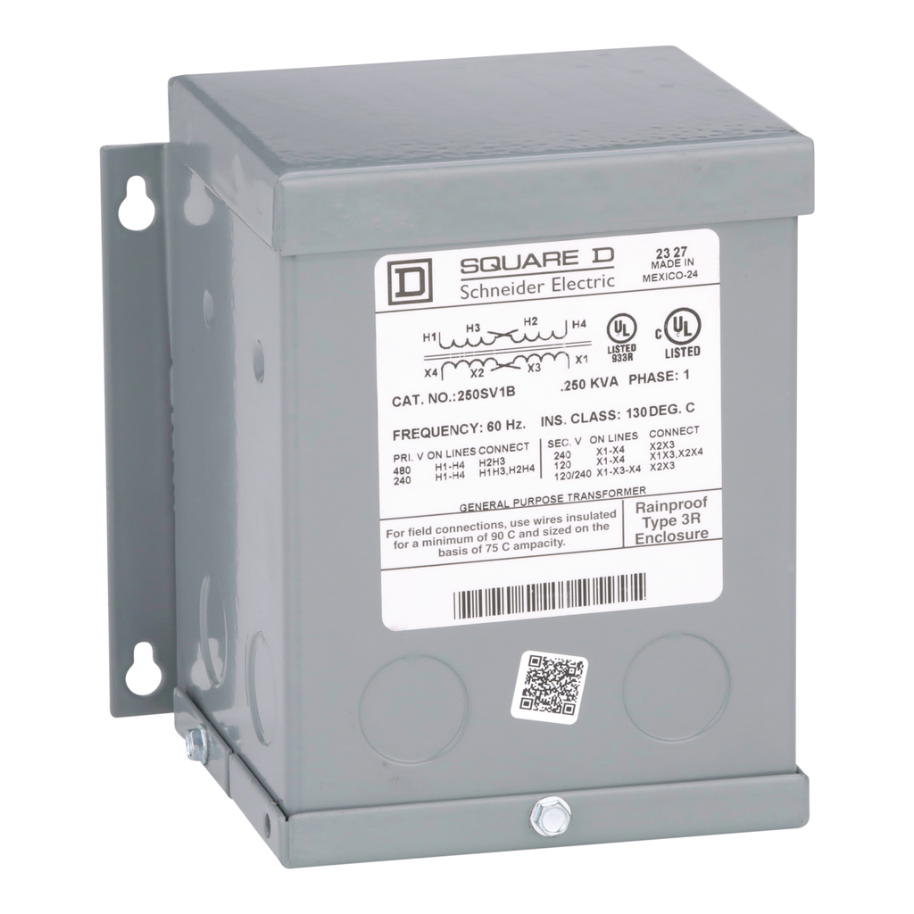 250SV1B – Transformer, dry type, encapsulated, 0.25kVA, 1 phase, 240x480V primary, 120/240V secondary, 4A, 55C rise