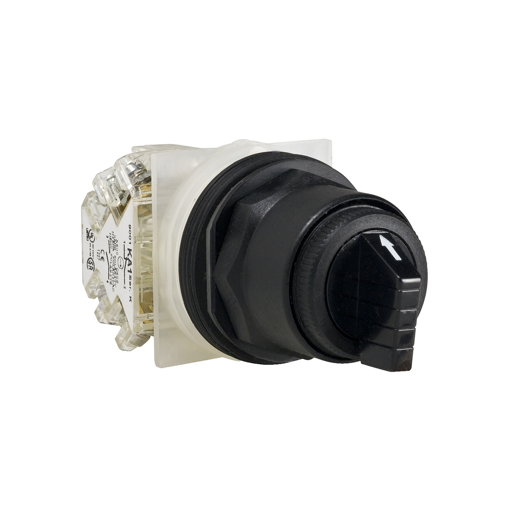 Mayer-DDS-Selector switch, Harmony 9001SK, plastic, standard handle, black, 30mm, 3 positions, spring return left to center, 1 C/O-1