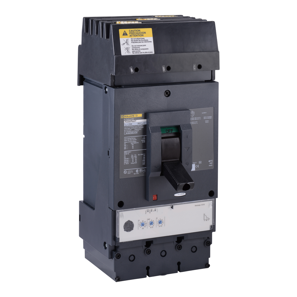LJA36250CU33X – Circuit breaker, PowerPacT L, 250A, 3 pole, 600VAC, 25kA, I-Line, MicroLogic 3.3S, 100%, ABC