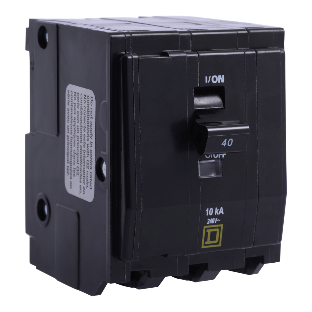 QO3405238 – Mini circuit breaker, QO, 40A, 3 pole, 120/240VAC, 10kA, plug in, ring