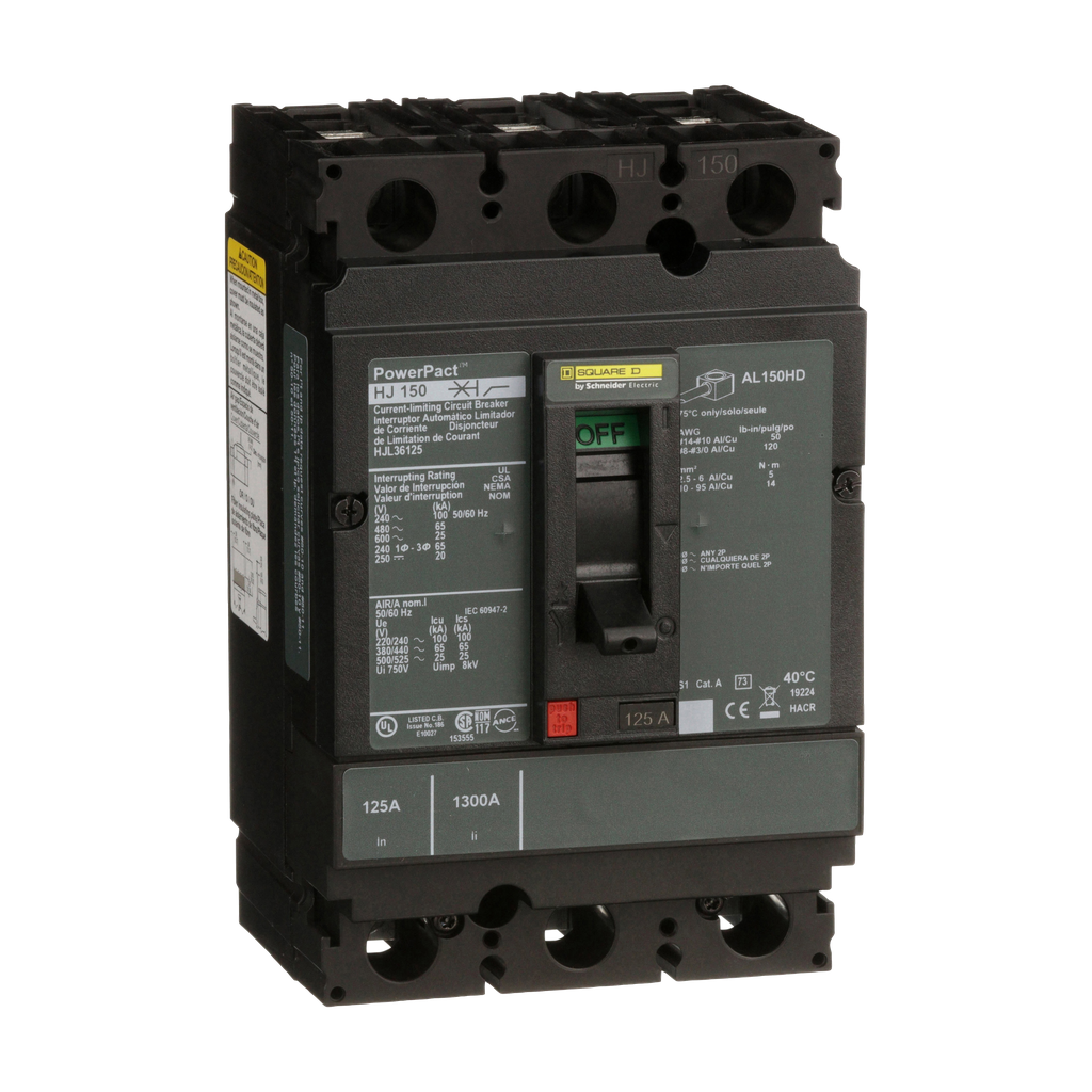 HJL36125 – Circuit breaker, PowerPacT H, 125A, 3 pole, 600VAC, 25kA, lugs, thermal magnetic, 80%