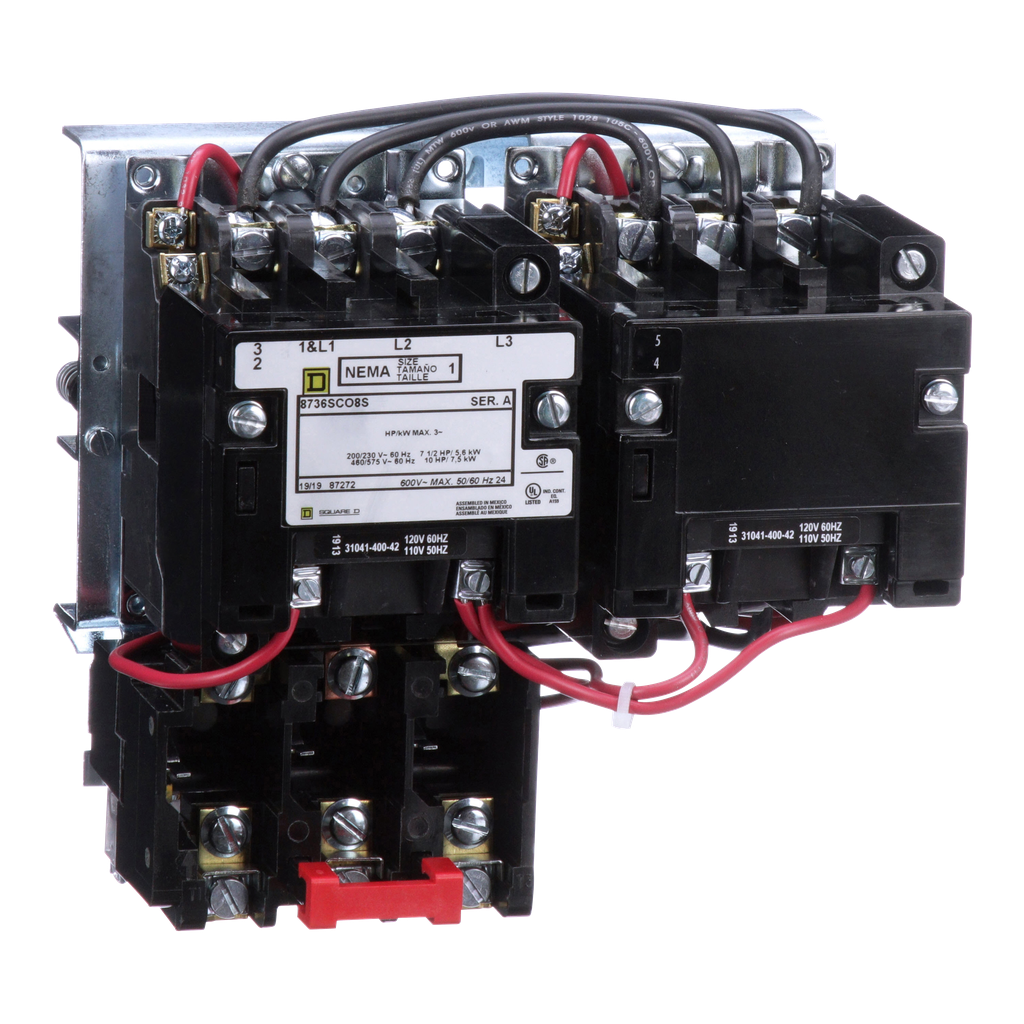 8736SCO8V02S – NEMA starter, Type S, reversing, horizontal, Size 1, 27A, 10HP at 575VAC, 5kA SSCR, 3 phase, 3 pole, melting alloy overload, 120VAC coil, open