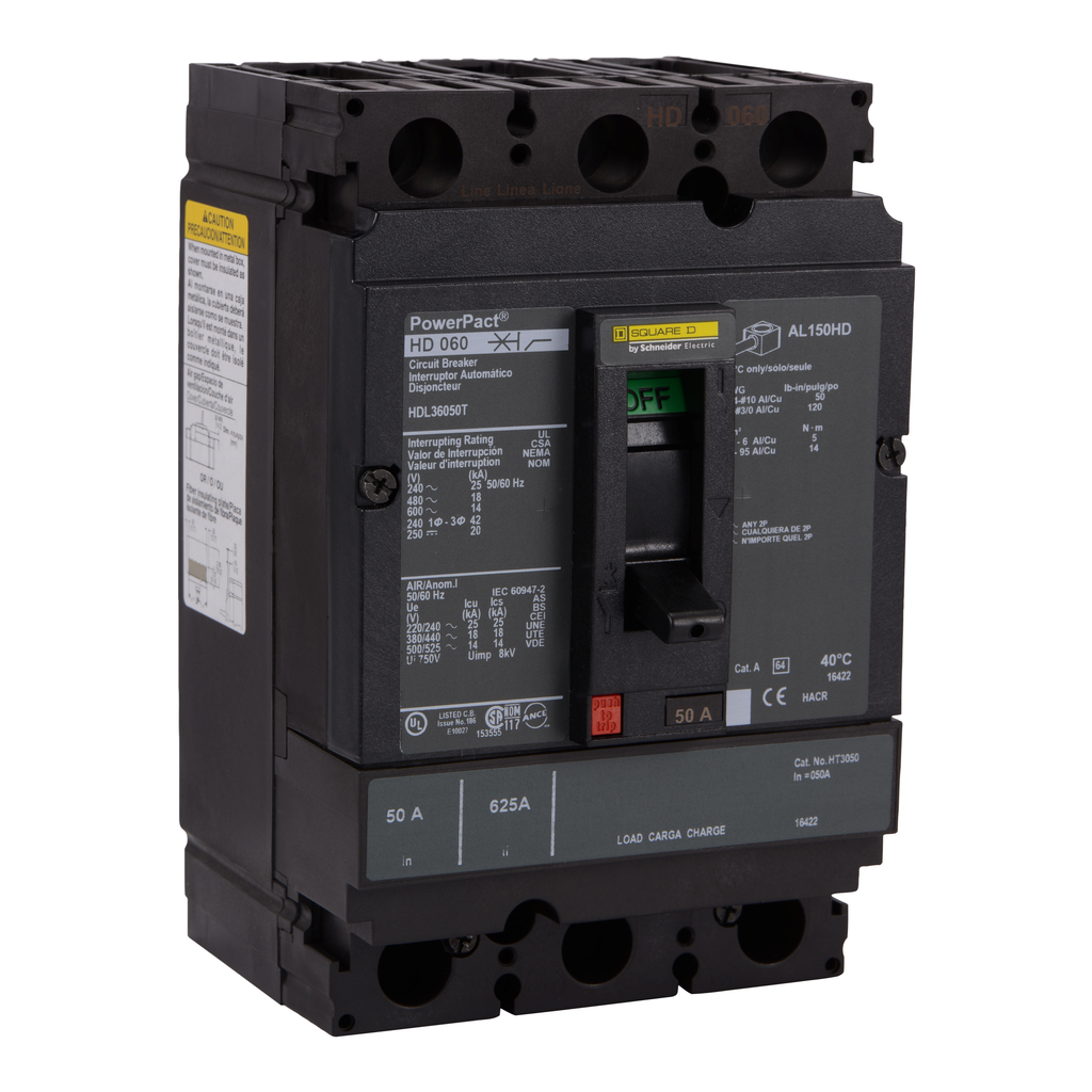 HDL36050T – Circuit breaker, PowerPacT H, 50A, 3 pole, 600VAC, 14kA, lugs, thermal magnetic, 80%, interchangeable trip unit