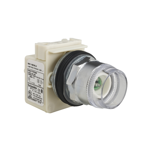 Mayer-DDS-30mm push button, Type K, illuminated momentary, full guard, 120VAC/VDC green LED light module, no contacts, no lens, NEMA 4-1