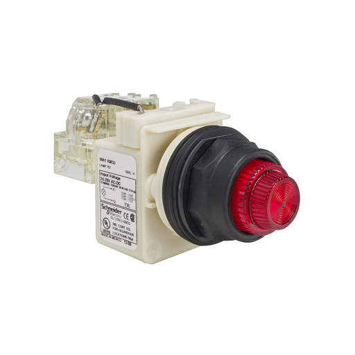 Product image for Square D 9001SKT35R31 30 mm 24/28 VAC/VDC Red Lens Plastic Bezel Push to Test Round Pilot Light