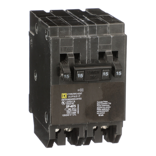 Mayer-DDS-Tandem circuit breaker, Homeline, 2 x 1 pole at 15A, 1 x 2 pole at 25A, 120/240VAC, 10kA AIR, plug in, UL-1
