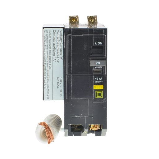 Mayer-DDS-Mini circuit breaker, QO, 20A, 2 pole, 120/240VAC, 10kA, bolt on, 6mA grd fault A, pigtail, aux switch 1A-2