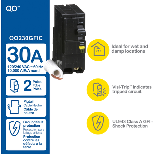 Mayer-DDS-Mini circuit breaker, QO, 30A, 2 pole, 120/240VAC, 10kA, plug in, 6mA grd fault A, pigtail [TAA]-2