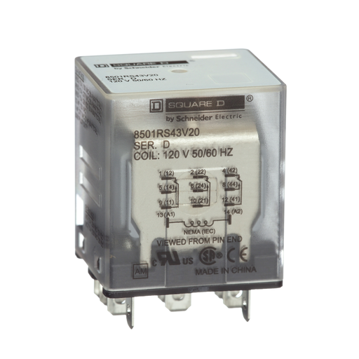 Product image for Square D 8501RS43V20 120 VAC 10 Amp 3PDT 3CO Socket Mount AC Operated Miniature Plug-In Relay