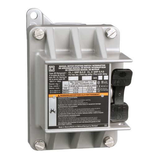Product image for Square D 2510KR2 600 VAC 230 VDC 30 Amp 10 Hp 3-Pole NEMA 3R/7/9 Non-Reversing Motor Protector Manual Switch