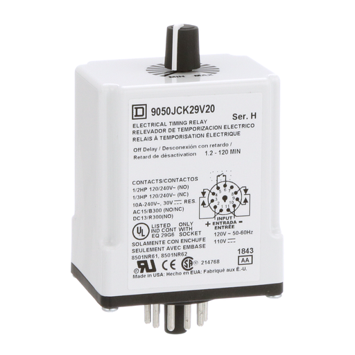 Product image for Square D 9050JCK29V20 120 VAC 110 VDC Coil 10 Amp DPDT Plug-In Socket Mount AC/DC Timing Relay