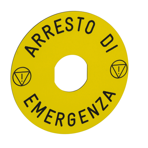 Mayer-DDS-Marked legend, Harmony XB4, Harmony XB5, yellow, 90mm, for emergency stop, marked ARRESTO DE EMERGENZA/logo ISO13850-1