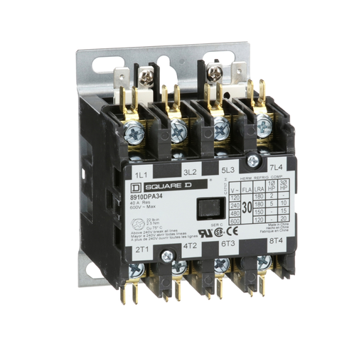 Product image for Square D 8910DPA34V14 24 VAC 30 Amp 4-Pole 4NO NEMA 1 Non-Reversing Definite Purpose Contactor