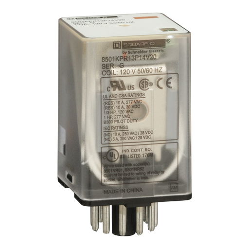 Product image for Square D 8501KPR13P14V20 120 VAC 10 Amp 3PDT Plug-In Relay with LED