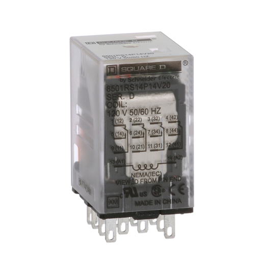 Product image for Square D 8501RS14P14V20 120 VAC 5 Amp 4PDT 4CO Socket Mount AC Operated Miniature Plug-In Relay