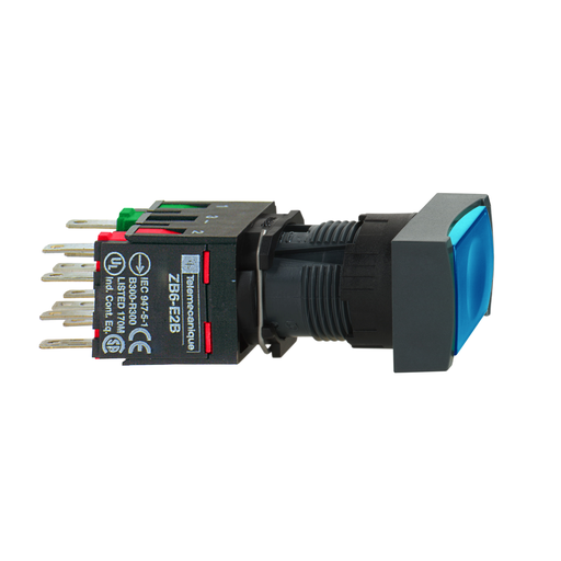 Product image for Square D XB6DW6B5B 16 mm 240 VAC 1.5 Amp 1NO 1NC Blue Rectangular Flush Return Illuminated Push Button