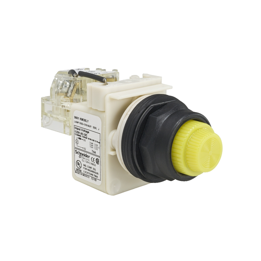 Product image for Square D 9001SKT38LYY31 30 mm 120 VAC/VDC Yellow Lens Plastic Bezel LED Push to Test Round Pilot Light