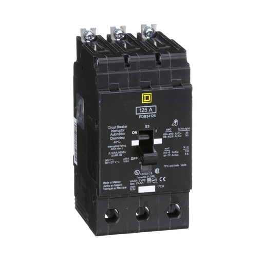 Picture of EDB34125 - [TAA] Mini circuit breaker, E-Frame, 125A, 3 pole, 480Y/277VAC, 25kA max, bolt on