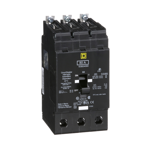 Square D EGB34080 3-Pole 80 Amp 480 Star/277 Volt Thermal Magnetic Miniature Circuit Breaker Product image for Square D EGB34080 3-Pole 80 Amp 480 Star/277 Volt Thermal Magnetic Miniature Circuit Breaker