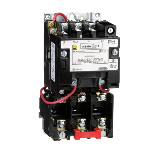 Product image for Square D 8536SCO3V01S 24 VAC 27 Amp 10 Hp 3-Pole Open Type Full Voltage Non-Reversing Magnetic Starter