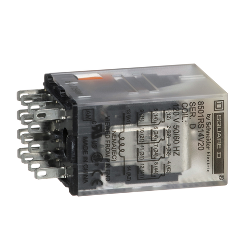Product image for Square D 8501RS14V20 120 VAC 5 Amp 4PDT 4CO Socket Mount AC Operated Miniature Plug-In Relay