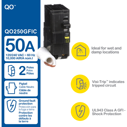 Mayer-DDS-Mini circuit breaker, QO, 50A, 2 pole, 120/240VAC, 10kA, plug in, 6mA grd fault A, pigtail, clam [TAA]-2