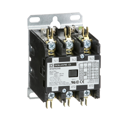 Product image for Square D 8910DPA33V06 440/480 VAC 30 Amp 3-Pole 3NO NEMA 1 Non-Reversing Definite Purpose Contactor