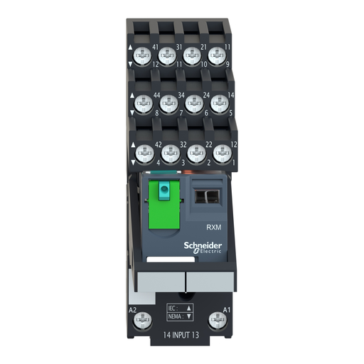 Mayer-DDS-miniature plug in relay pre assembled, Harmony Electromechanical Relays, 6A, 4CO, lockable test but to n, separate terminals socket, 24V DC-2