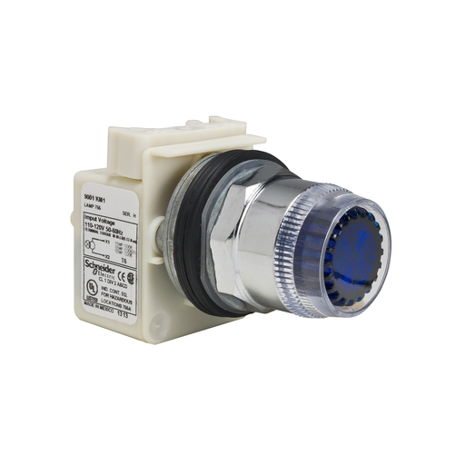 Product image for Square D 9001K1L1L 30 mm Blue Body Metal Bezel Momentary Full Guarded Round Illuminated Push Button Operator