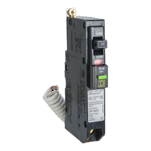 Mayer-DDS-Mini circuit breaker, QO, 20A, 1 pole, 120VAC, 22kA, bolt on, combo ARC fault, pigtail, fungal treatment [TAA]-1