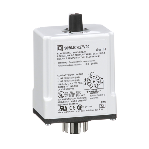 Product image for Square D 9050JCK27V20 120 VAC 110 VDC Coil 10 Amp DPDT Plug-In Socket Mount AC/DC Timing Relay