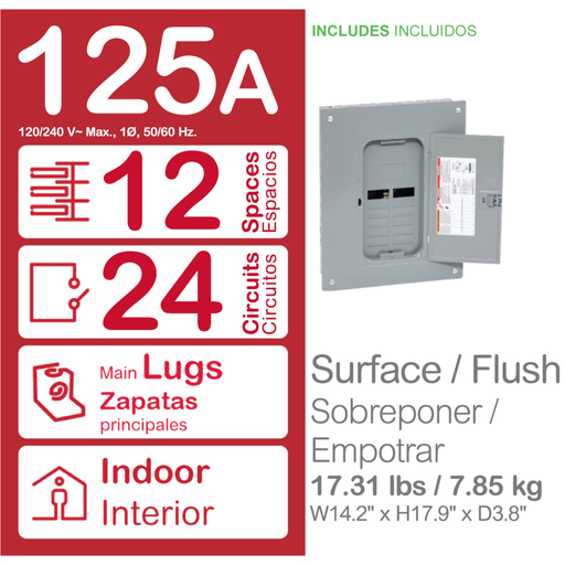 Mayer-DDS-Load center, Homeline, 1 phase, 12 spaces, 24 circuits, 125A convertible main lugs, PoN, NEMA1, combo cover-2
