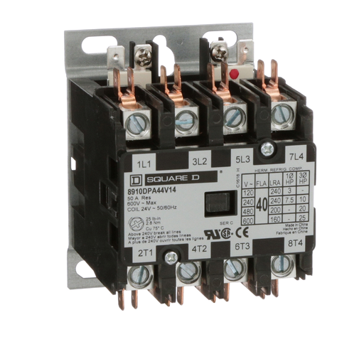 Product image for Square D 8910DPA44V14 24 VAC 40 Amp 4-Pole 4NO NEMA 1 Non-Reversing Definite Purpose Contactor