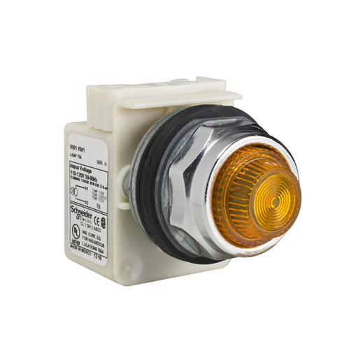 Product image for Square D 9001KP1A31 30 mm 120 VAC Amber Lens Metal Bezel Standard Round Pilot Light