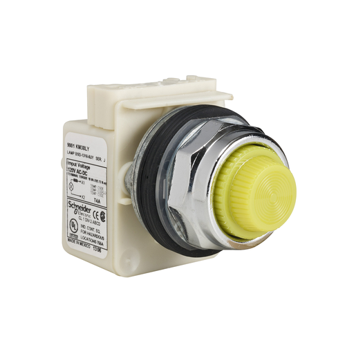 Product image for Square D 9001KP38LYY31 30 mm 120 VAC/VDC Yellow Lens Metal Bezel LED Standard Round Pilot Light