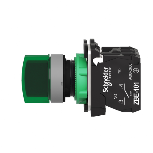 Mayer-DDS-Illuminated selector switch, Harmony XB5, grey bezel, green handle, 22mm, universal LED, 3 positions, 1NO + 1NC, 120V AC-2