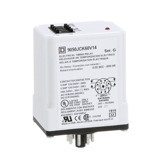 Product image for Square D 9050JCK60V14 24 VAC/VDC Coil 10 Amp DPDT Plug-In Socket Mount AC/DC Timing Relay