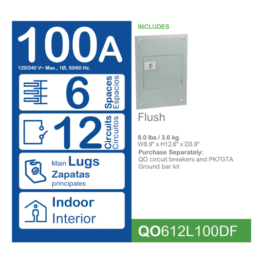 Mayer-DDS-Load center, QO, 1 phase, 6 spaces, 12 circuits, 100A fixed main lugs, NEMA1, door flush cover-2