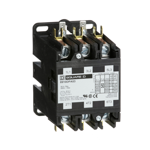 Product image for Square D 8910DPA53V14 24 VAC 50 Amp 3-Pole 3NO NEMA 1 Non-Reversing Definite Purpose Contactor