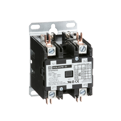 8910DPA42V02 - Contactor, Definite Purpose, 40A, 2 pole, 7.5HP at 230VAC, 1 phase, 110/120VAC 50/60Hz coil, open