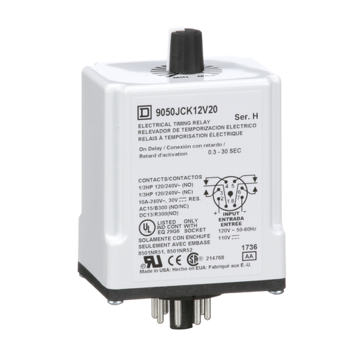 Product image for Square D 9050JCK12V20 120 VAC 110 VDC Coil 10 Amp DPDT Plug-In Socket Mount AC/DC Timing Relay