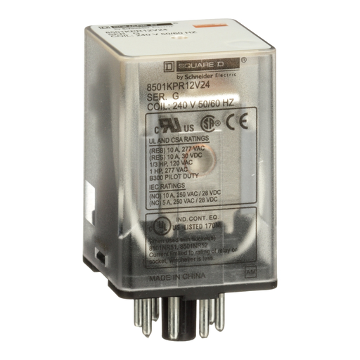 Product image for Square D 8501KPR12V24 240 VAC 10 Amp DPDT 2CO AC Operated Plug-In Relay