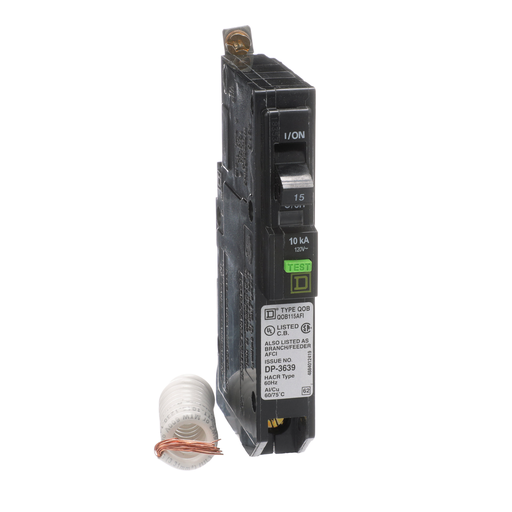Mayer-DDS-Mini circuit breaker, QO, 15A, 1 pole, 120VAC, 10kA, bolt on, ARC fault, pigtail-1