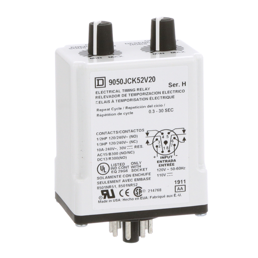 Product image for Square D 9050JCK52V20 120 VAC 110 VDC Coil 10 Amp 2NO 2NC 0.3 to 30 Second Plug-In Mount Timing Relay