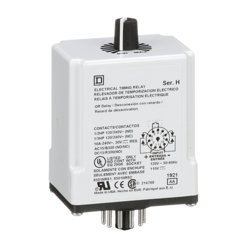 Product image for Square D 9050JCK22V20 120 VAC 110 VDC Coil 10 Amp DPDT Plug-In Socket Mount AC/DC Timing Relay
